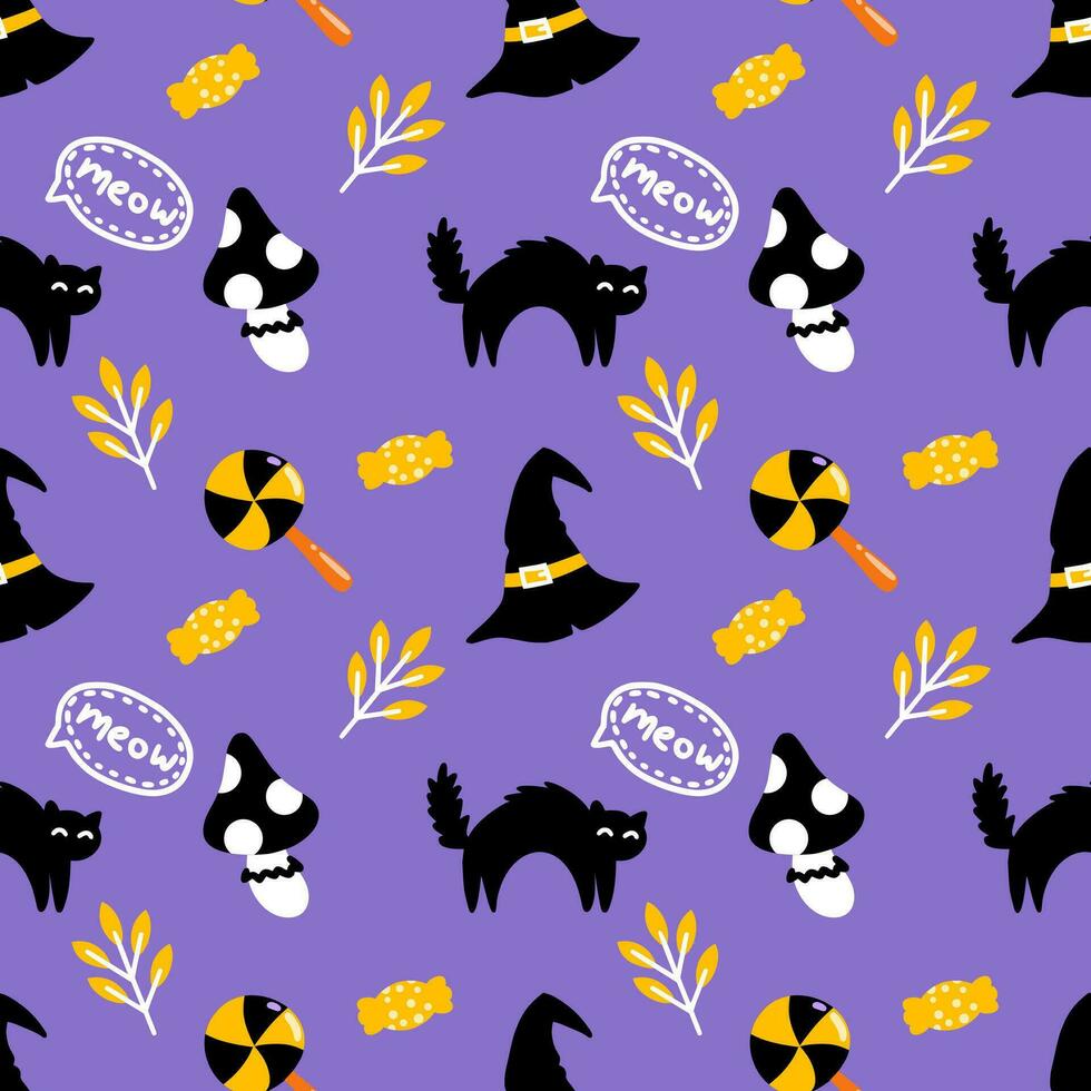 Purple seamless cute pattern for Halloween. Festive wallpaper with black cat and witch hat.  Background for printing on fabric and wrapping paper. vector