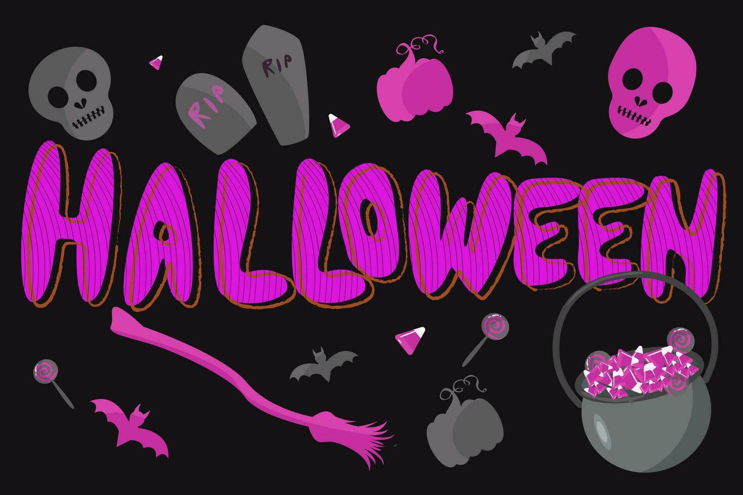 Vector halloween party invitation on black background. Vector halloween party background with pumpkin, bat, headstone, pot, tombstone and text Halloween for fabrics, paper, textile, gift wrap