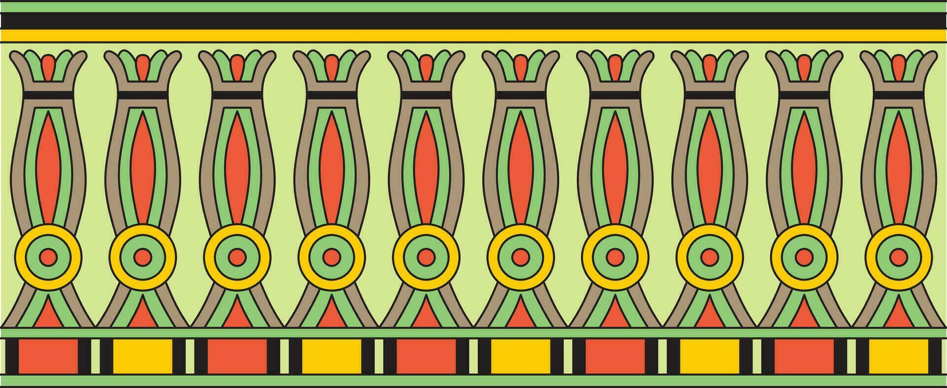 Vector colorful seamless Egyptian border. Endless ornament of Ancient Africa. Pattern of lotus flowers and sun.