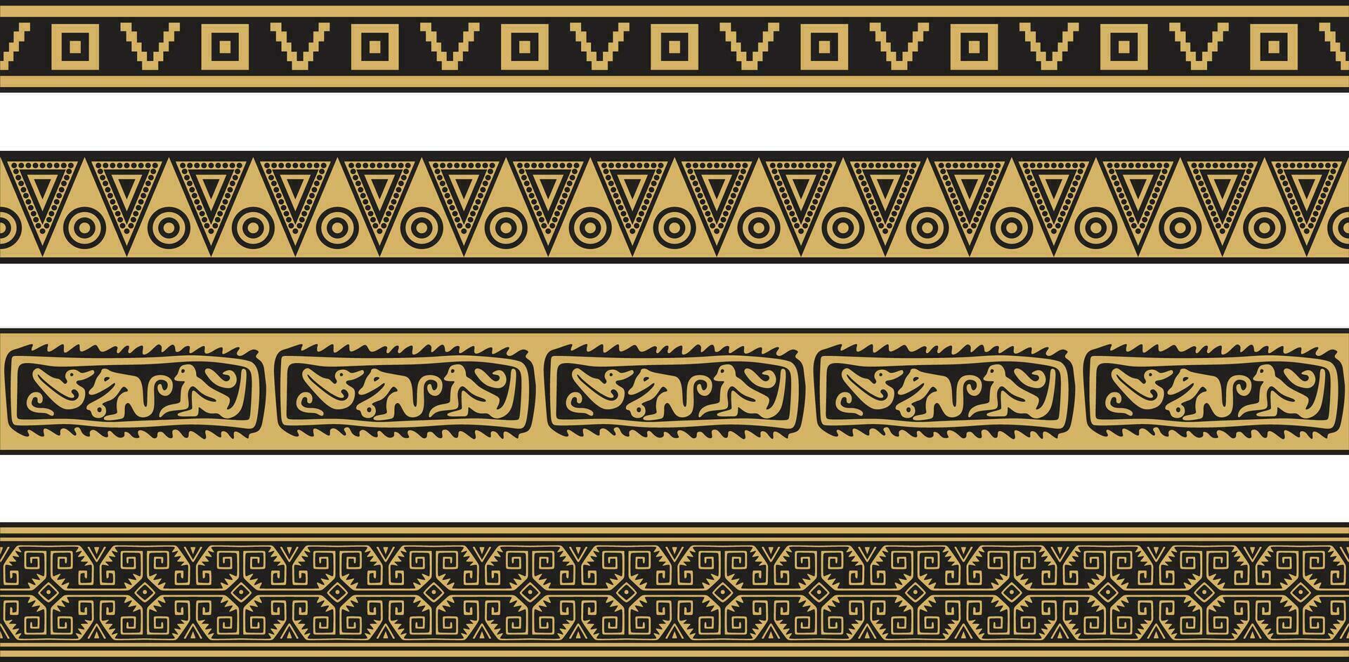 vector conjunto de oro y negro nativo americano ornamental sin costura fronteras marco de referencia de el pueblos de America, aztecas, maya, incas