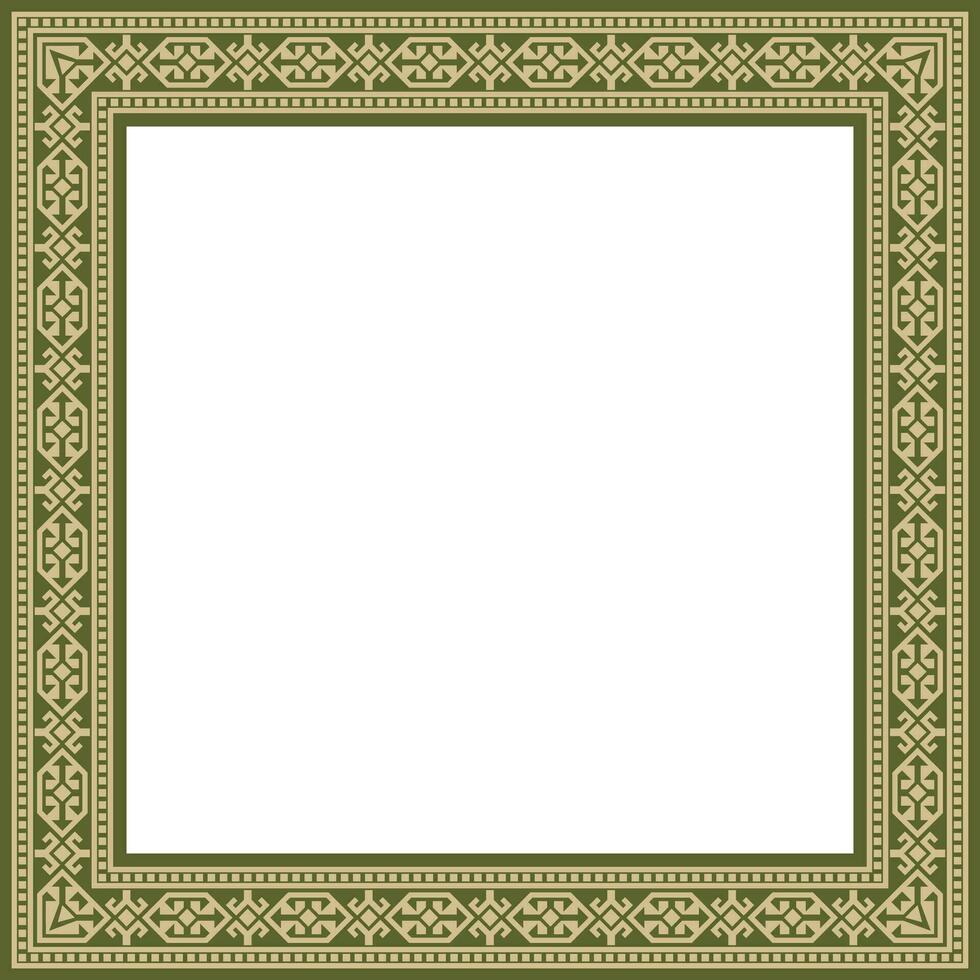 Vector green with black Square Kazakh national ornament. Ethnic pattern of the peoples of the Great Steppe, .Mongols, Kyrgyz, Kalmyks, Buryats. Square frame border