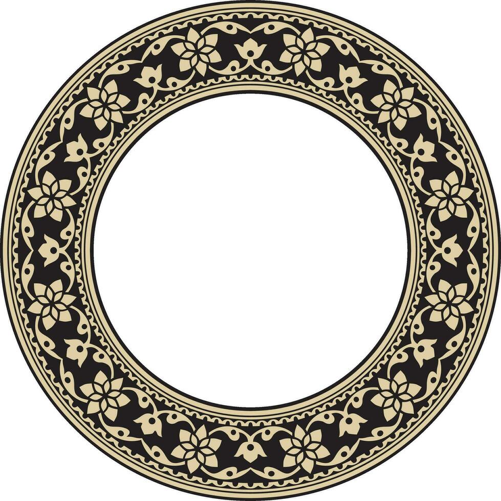 Vector round gold and black Indian national ornament. Ethnic plant circle, border. Frame, flower ring. Poppies and leaves
