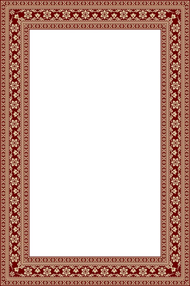 Vector square gold with red Indian national ornament. Ethnic plant border. Flowers frame. Poppies and leaves