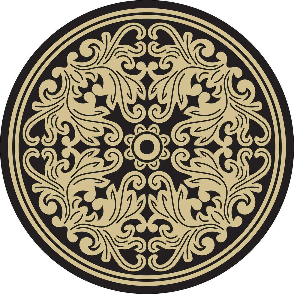 Vector gold and black round ancient Byzantine ornament. Classical circle of the Eastern Roman Empire, Greece. Pattern motifs of Constantinople