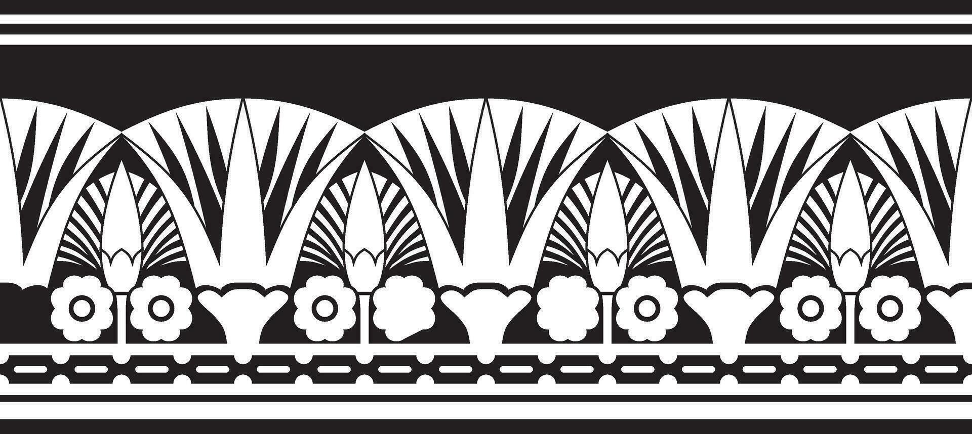 Vector monochrome seamless Egyptian border. Endless ornament of Ancient Africa. Pattern of lotus flowers and sun.