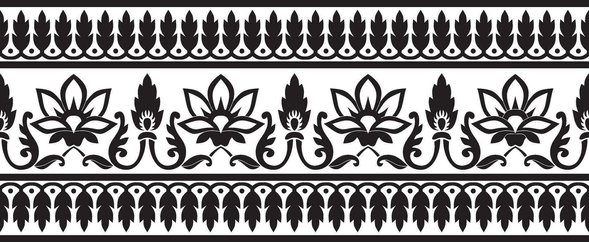 Vector seamless monochrome black Indian national ornament. Ethnic endless plant border. Flowers frame. Poppies and leaves