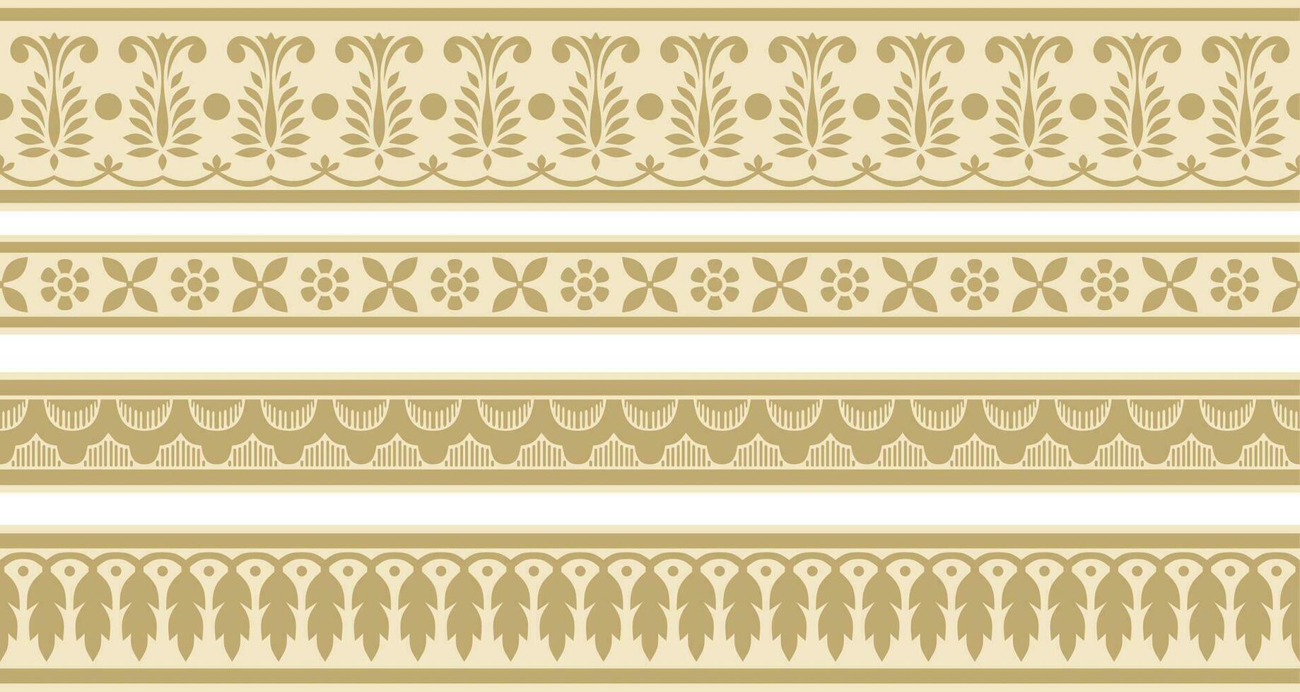 Vector set of seamless gold indian national ornament. Ethnic endless plant border. Flowers frame. Poppies and leaves