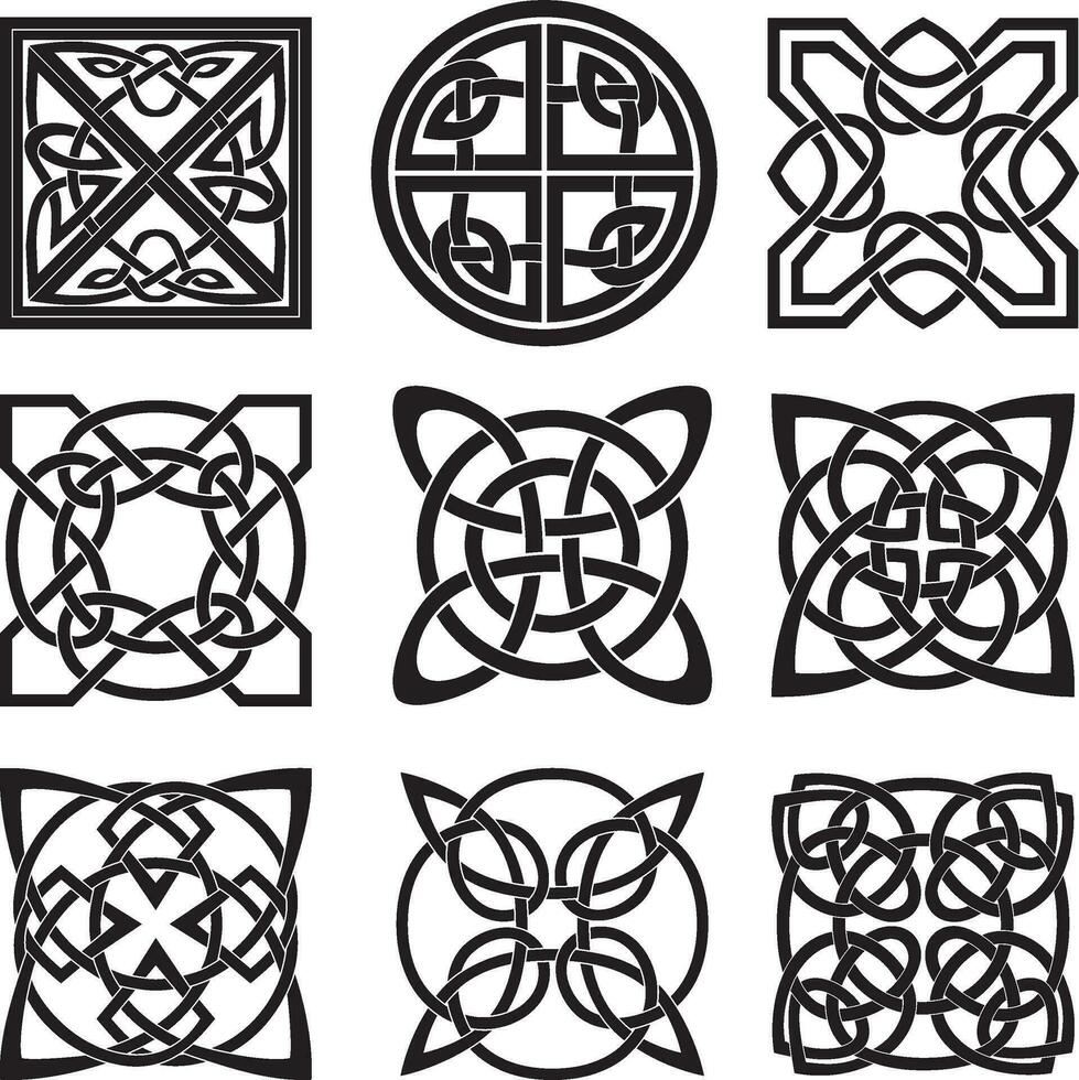 Vector black monochrome set of Celtic knots. Ornaments of ancient European peoples. Signs and symbols of the Irish, Scots, Britons, Franks