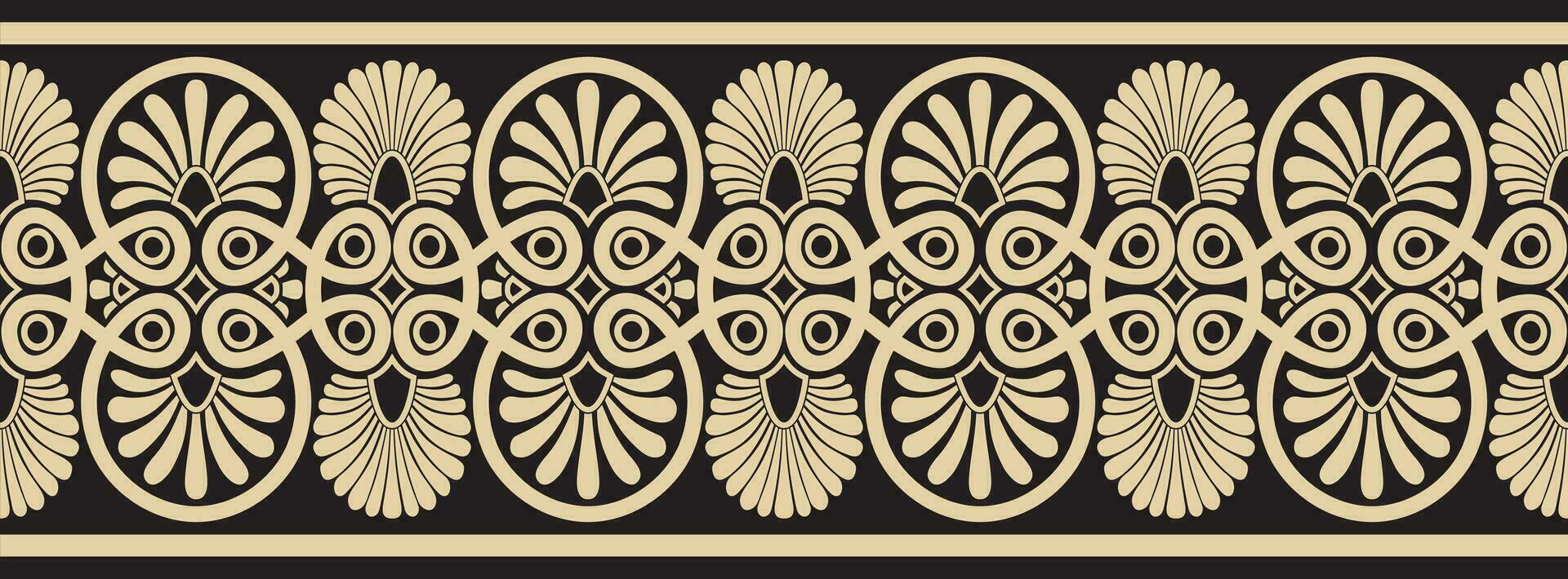 Vector golden and black seamless ornament of ancient Greece. Classic Endless pattern frame border Roman Empire.