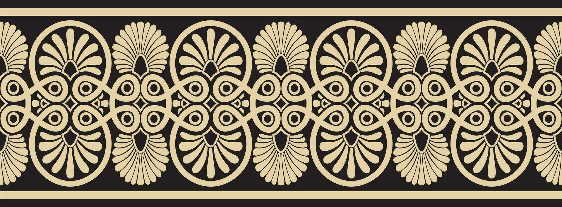 Vector golden and black seamless ornament of ancient Greece. Classic Endless pattern frame border Roman Empire.