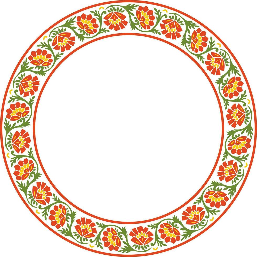 Vector round colorful Indian national ornament. Ethnic plant circle, border. Frame, flower ring. Poppies and leaves