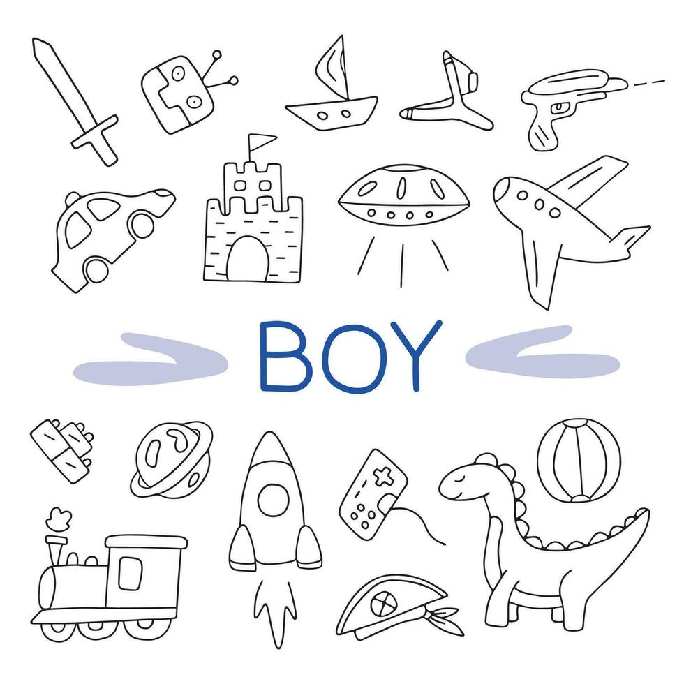 Hand drawn set of boy toy vector illustration.