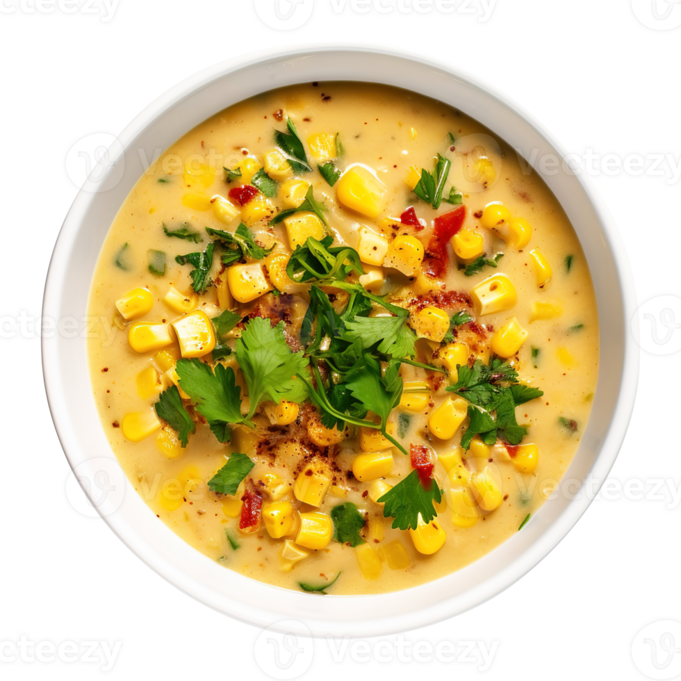 Delicious creamy Vegan sweet Corn Chowder soup , created with Generative AI png