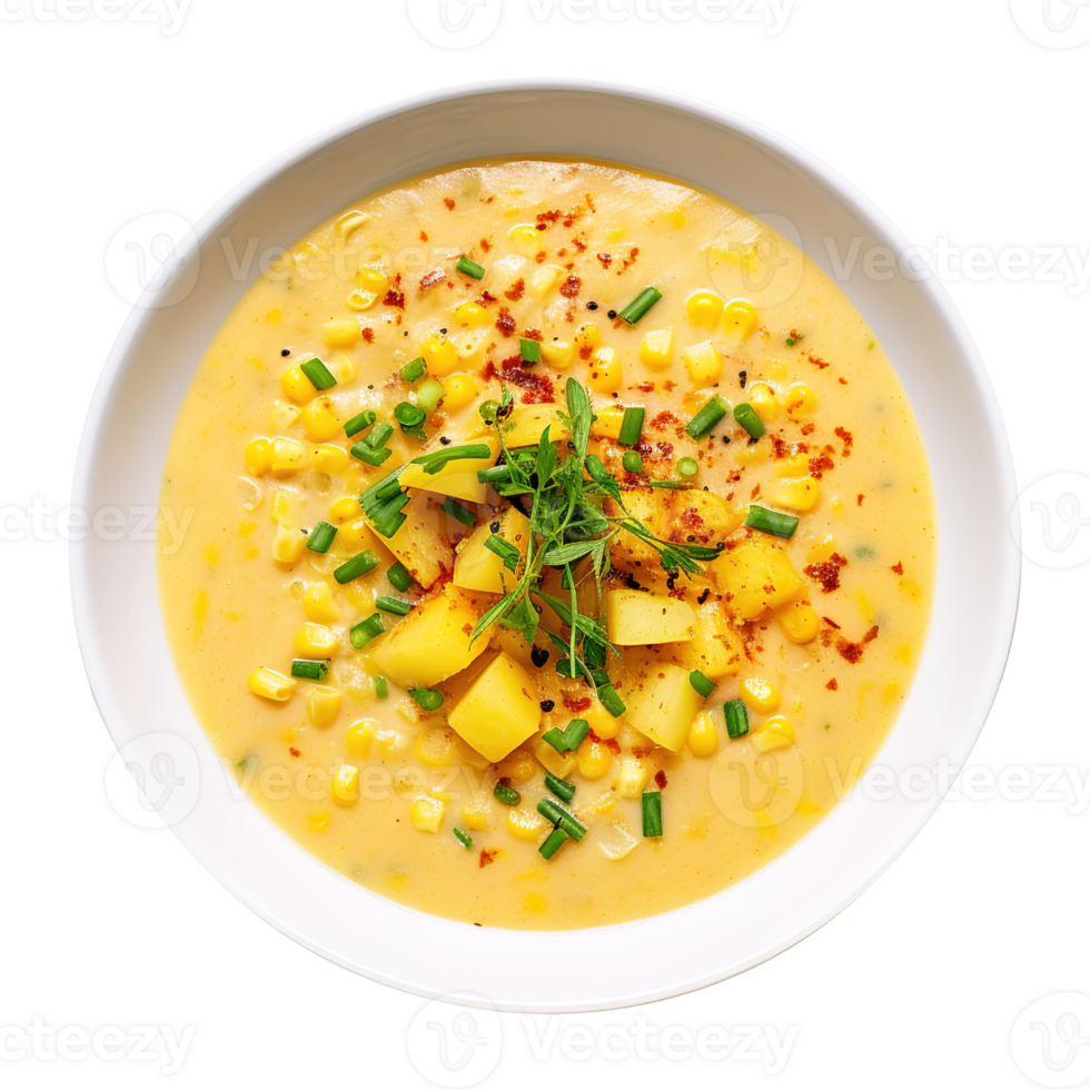 Delicious creamy Vegan sweet Corn Chowder soup , created with Generative AI png