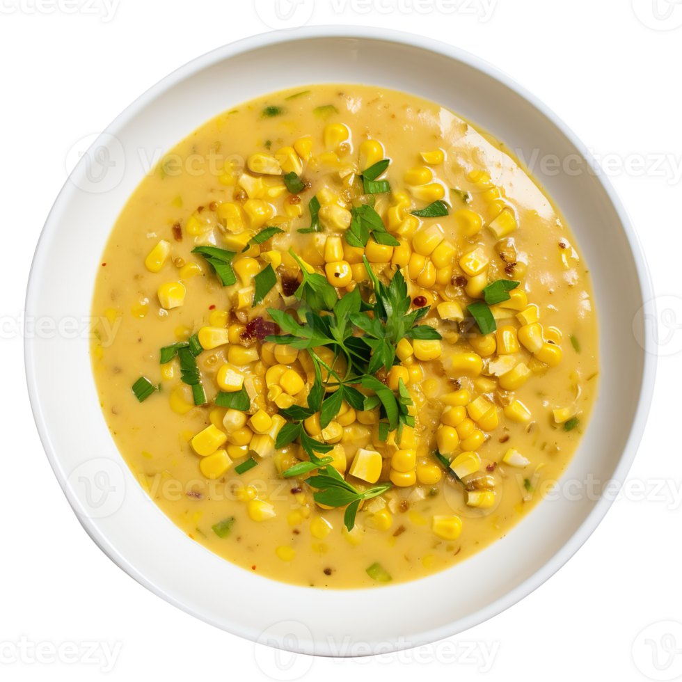 Delicious creamy Vegan sweet Corn Chowder soup , created with Generative AI png