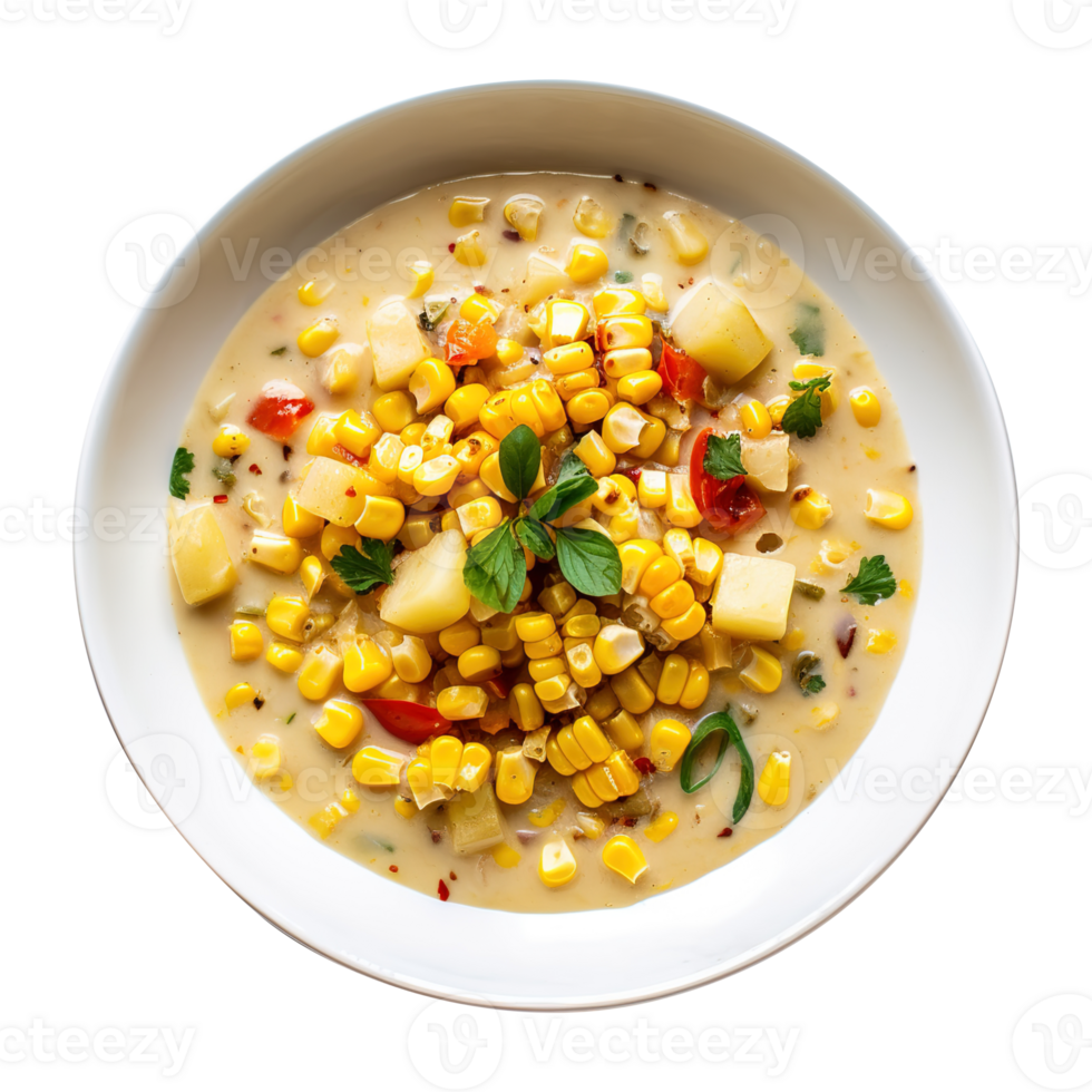 Delicious creamy Vegan sweet Corn Chowder soup , created with Generative AI png
