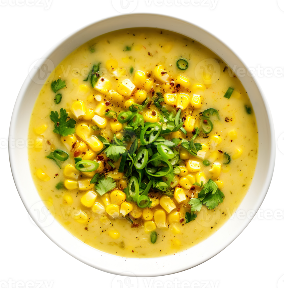 Delicious creamy Vegan sweet Corn Chowder soup , created with Generative AI png