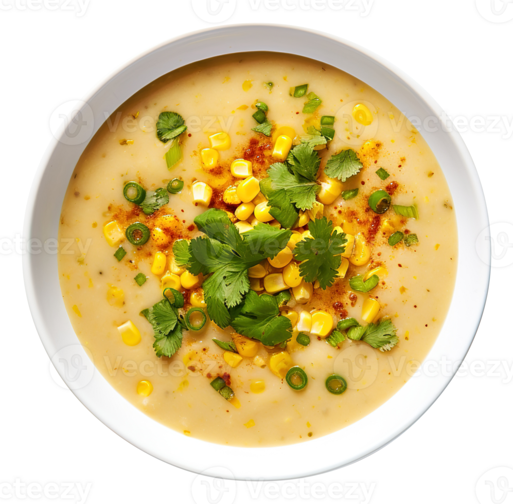 Delicious creamy Vegan sweet Corn Chowder soup , created with Generative AI png