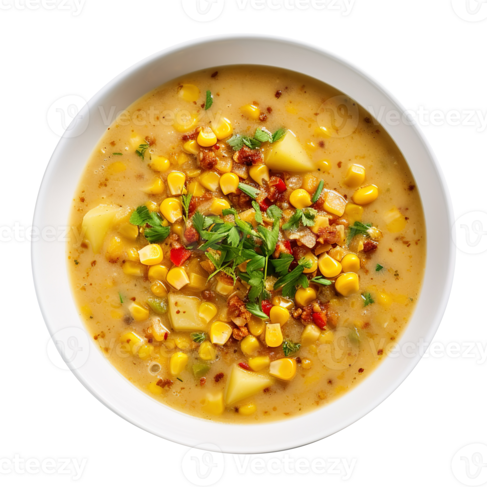 Delicious creamy Vegan sweet Corn Chowder soup , created with Generative AI png