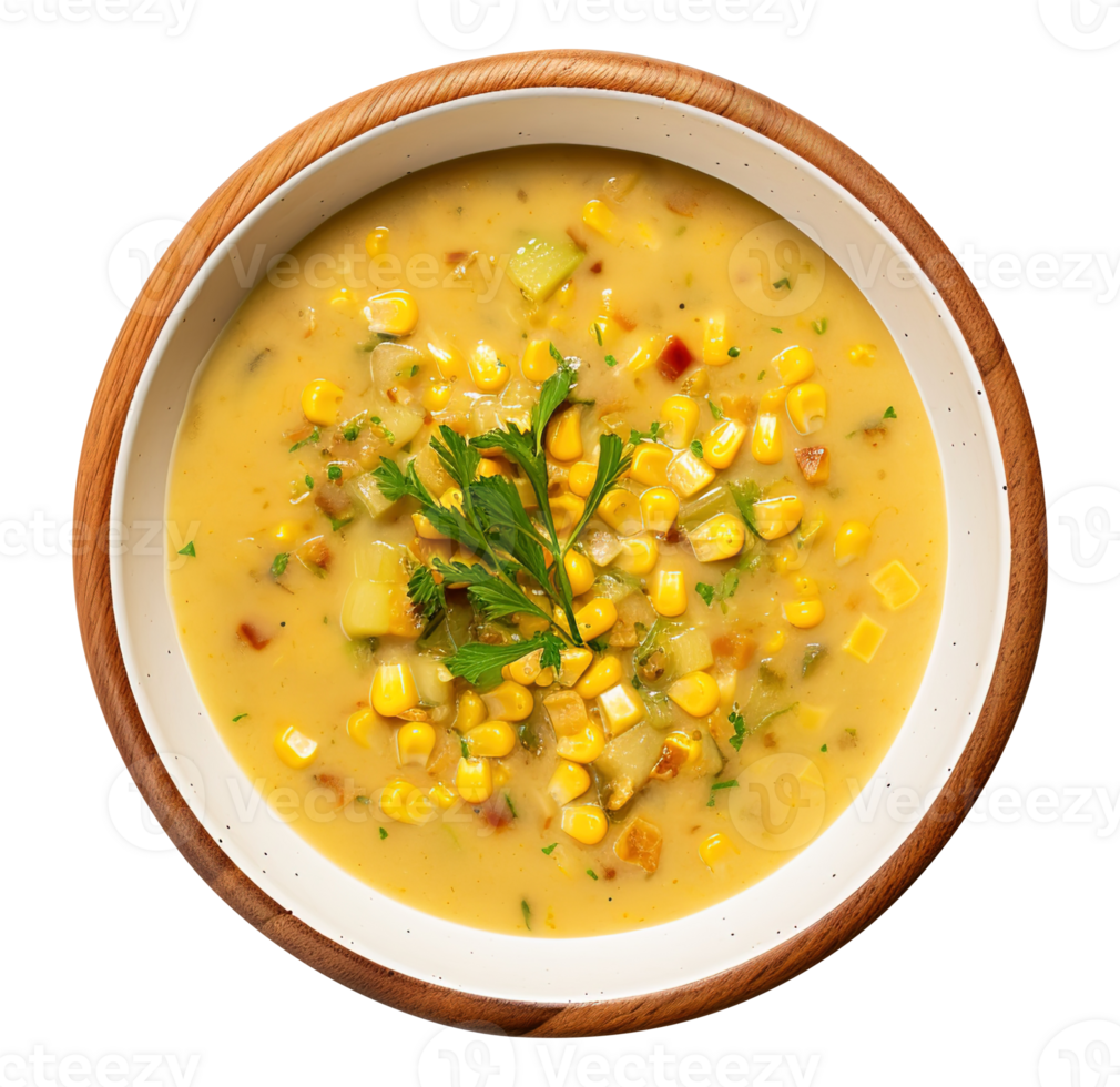 Delicious creamy Vegan sweet Corn Chowder soup , created with Generative AI png