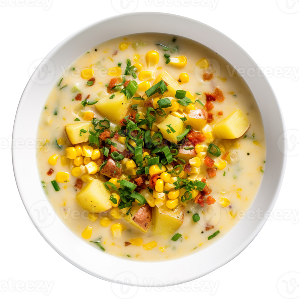 Delicious creamy Vegan sweet Corn Chowder soup , created with Generative AI png