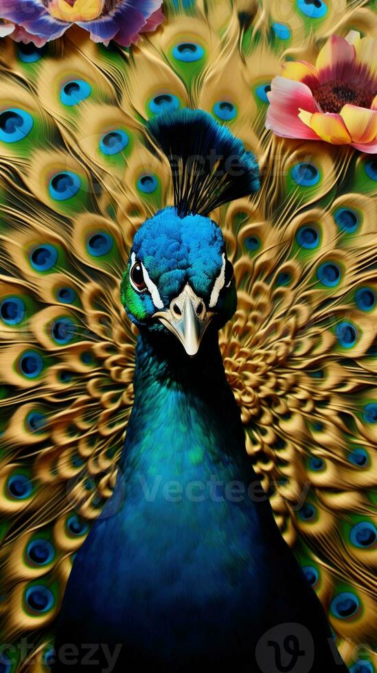 Beautiful peacock with feathers on a colorful background. Close-up. AI generative photo