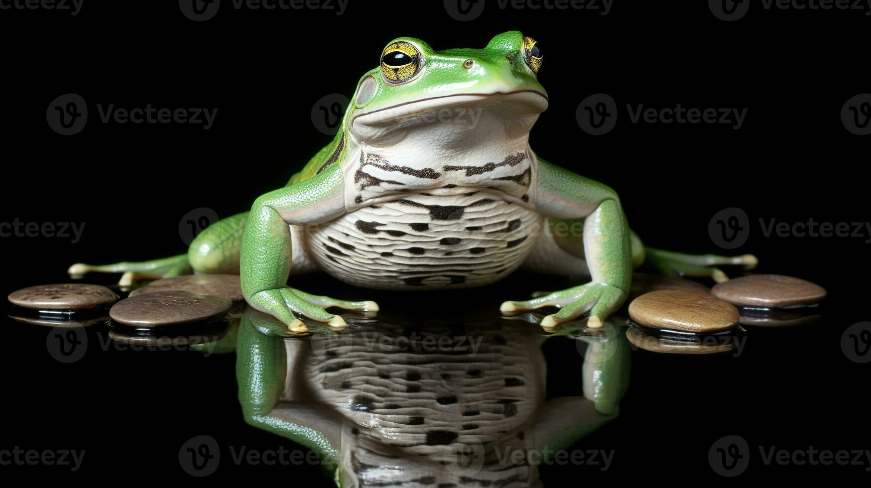 verde árbol rana aislado en un negro antecedentes con reflexión. ai generativo foto