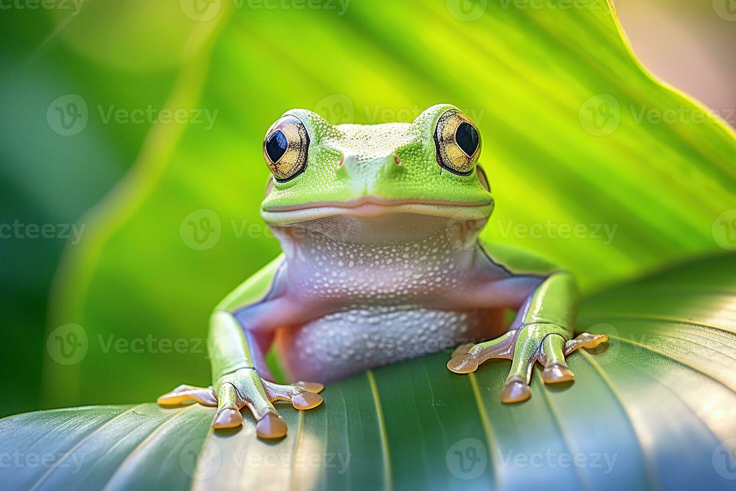 Frog on leaf. Close-up of an tree frog. AI generative photo