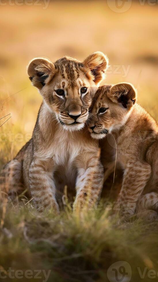 león cachorros con madre en masai mara nacional parque. ai generativo foto