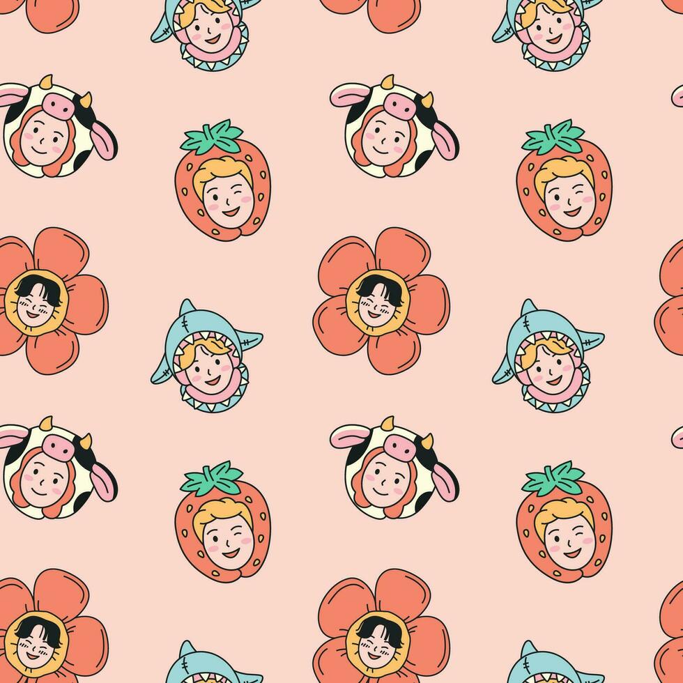 Seamless pattern with portraits of young people in funny hats. vector