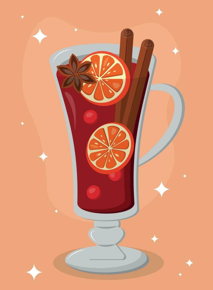 Hot mulled wine, wine-based drink, Christmas cocktail, vector illustration