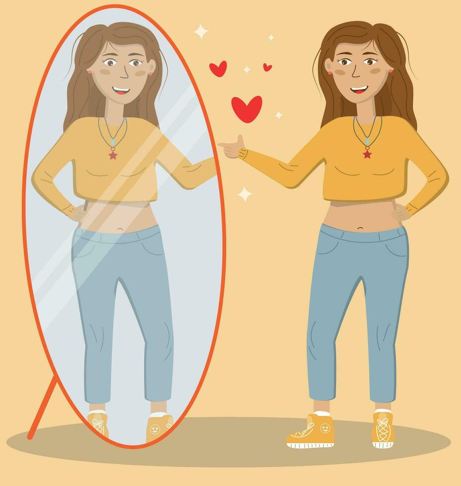 Love yourself, reflection in the mirror, admire your reflection, teenager in a yellow long sleeve and jeans vector