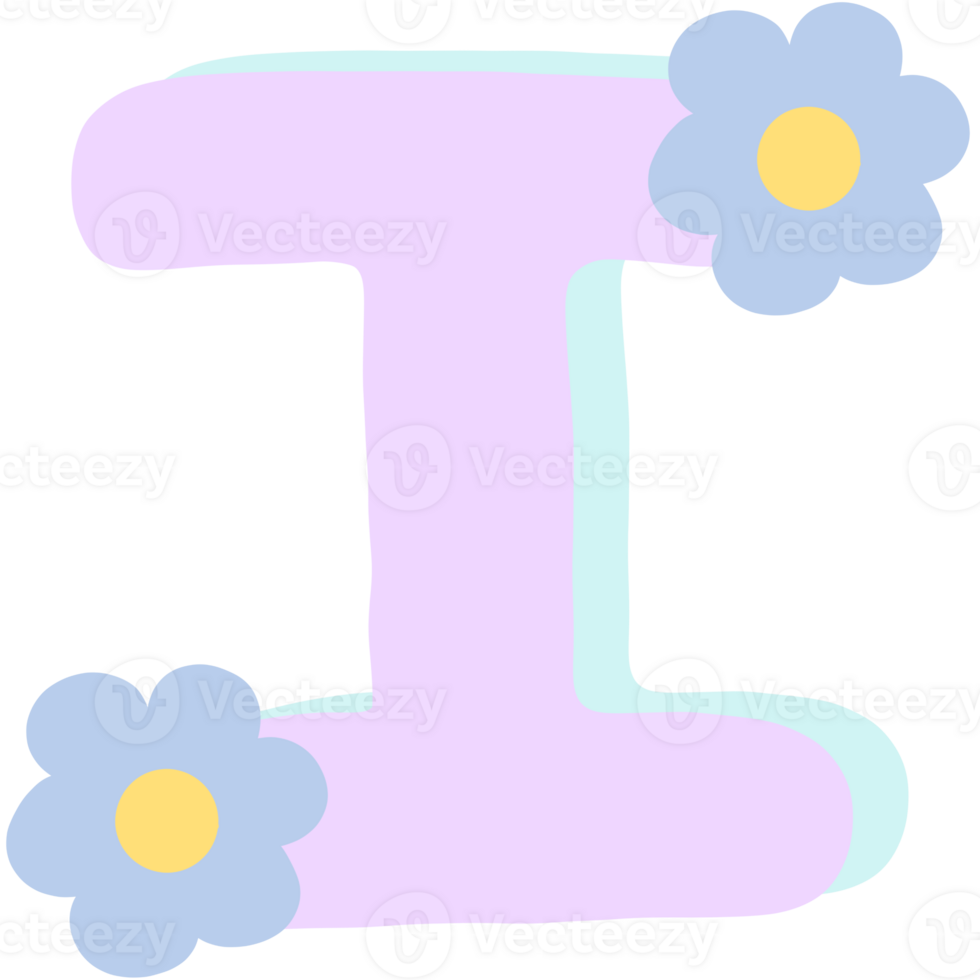 Purple english alphabet I decorated with blue and yellow flowers isolated on transparent background png