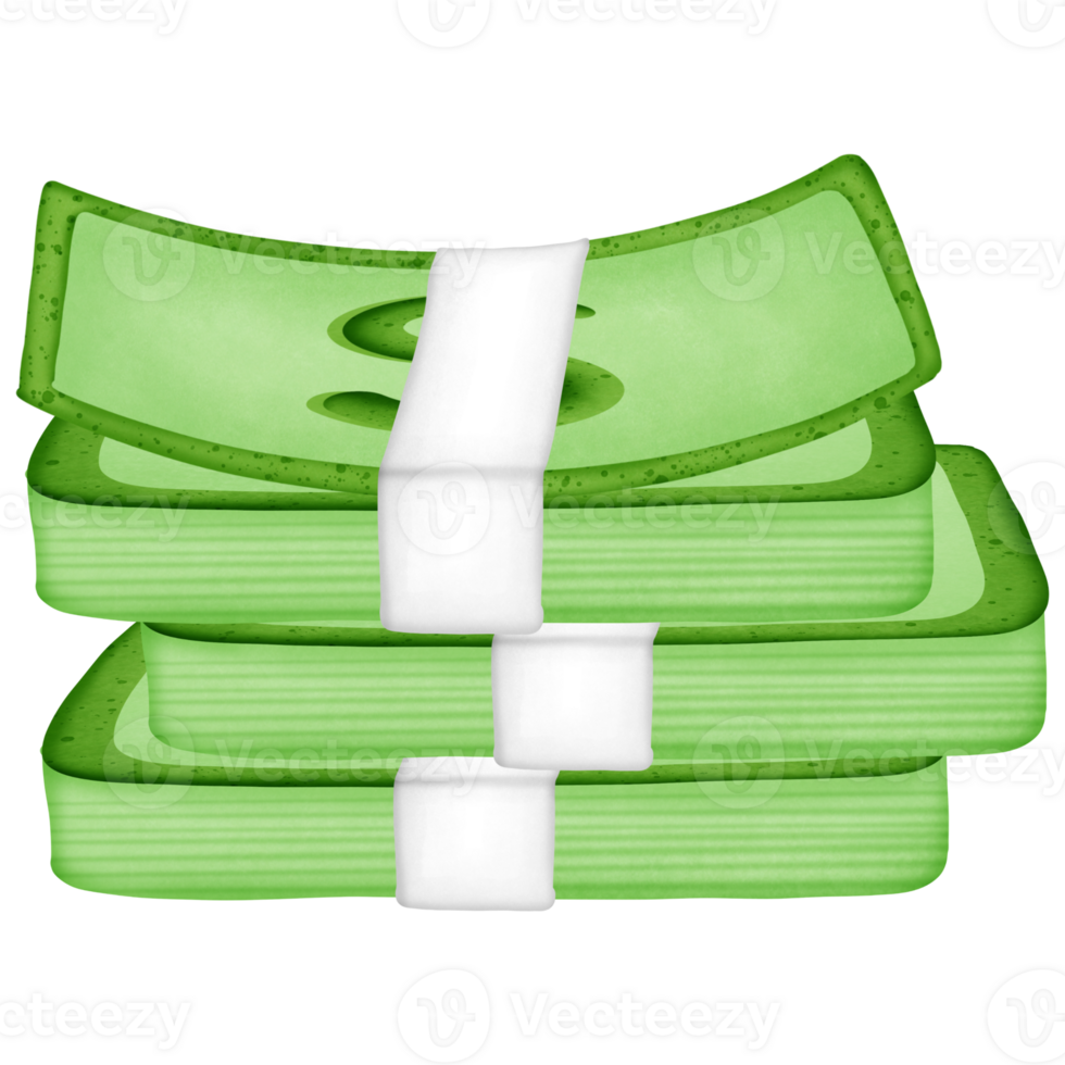 Green stack of dollars money wrapped in paper and symbol isolated on transparent background png
