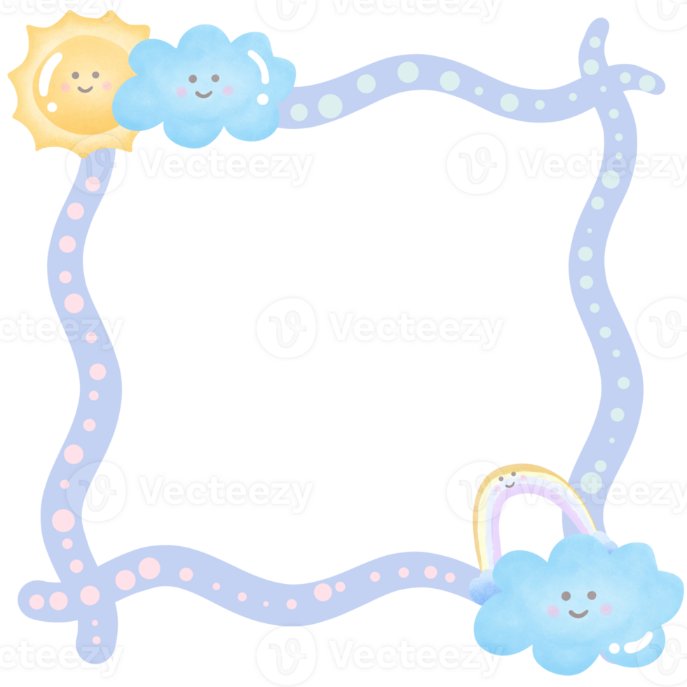 Pastel picture frame with clouds sun and rainbow isolated on transparent background png