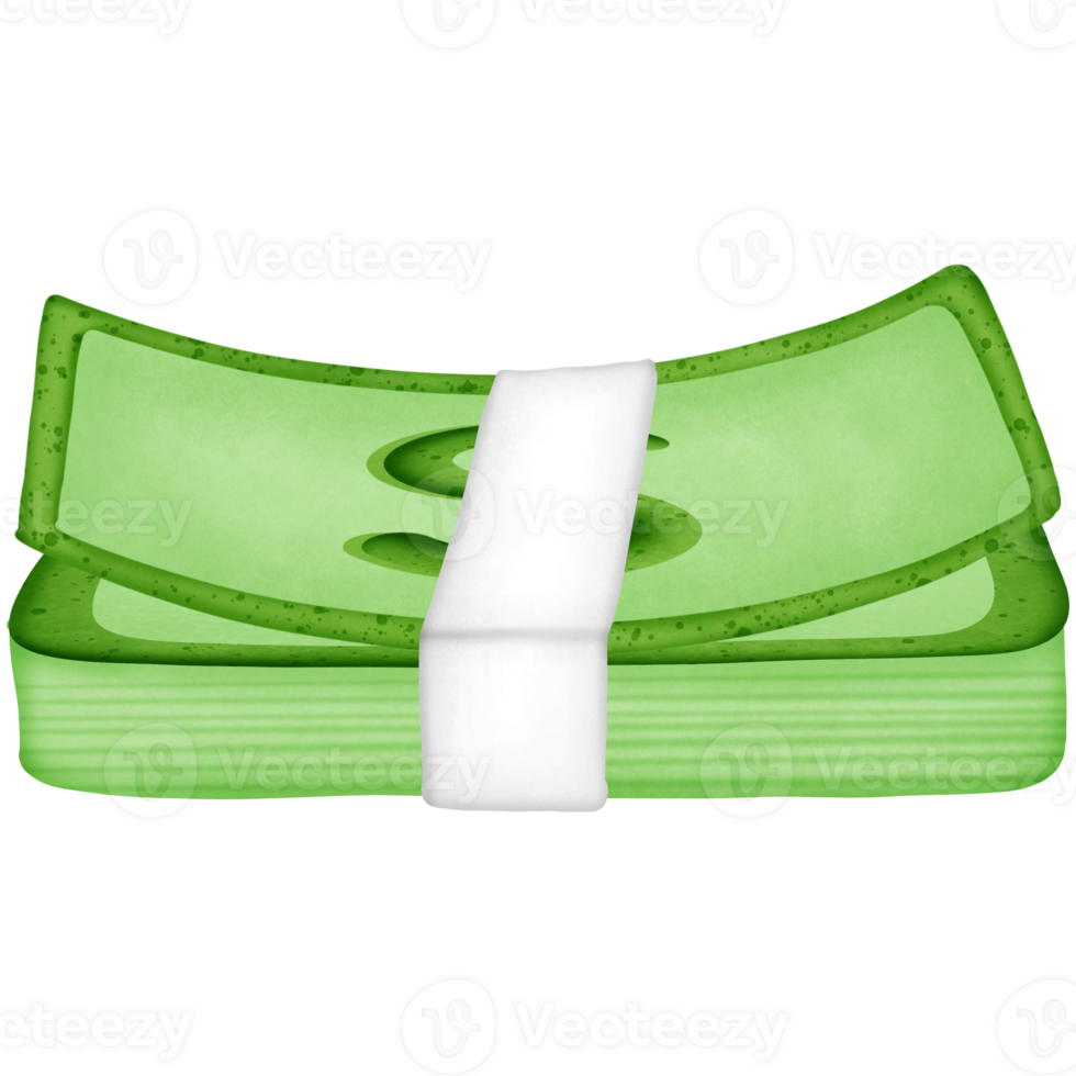 Green stack of dollars money wrapped in paper and symbol isolated on transparent background png