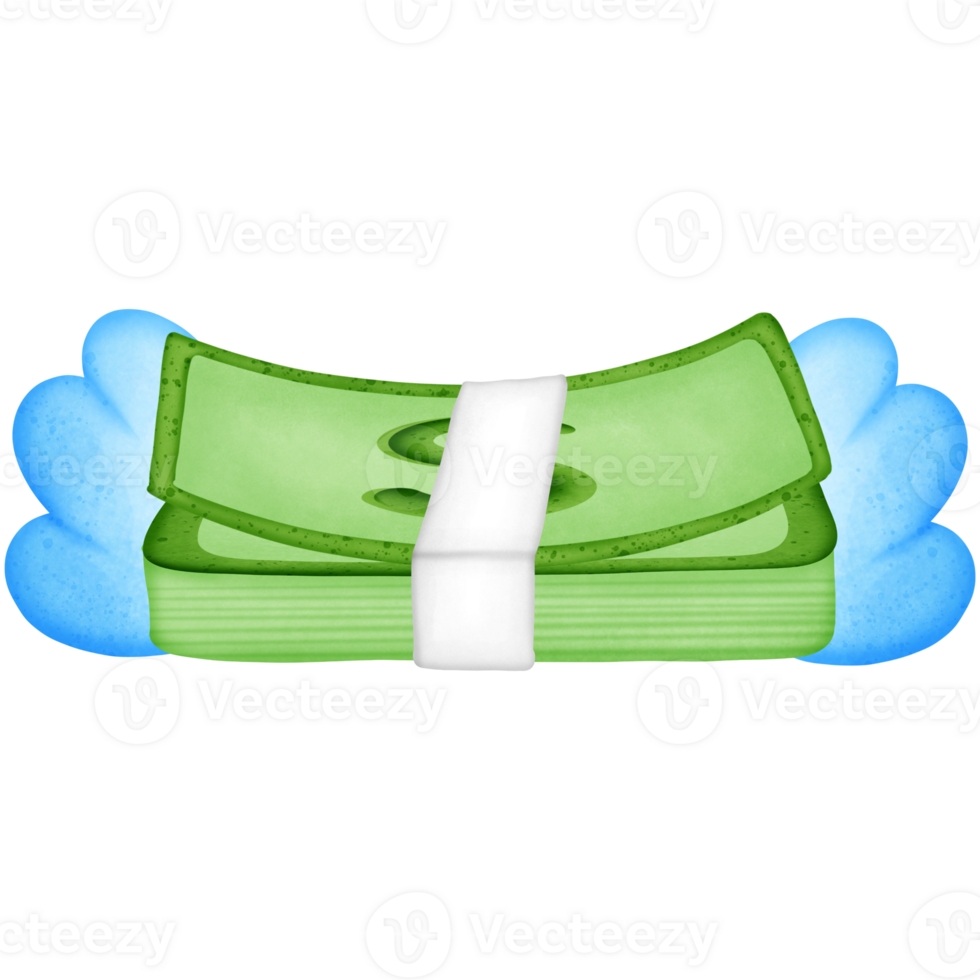 Green stack of dollars money wrapped in paper and symbol with wing isolated on transparent background png