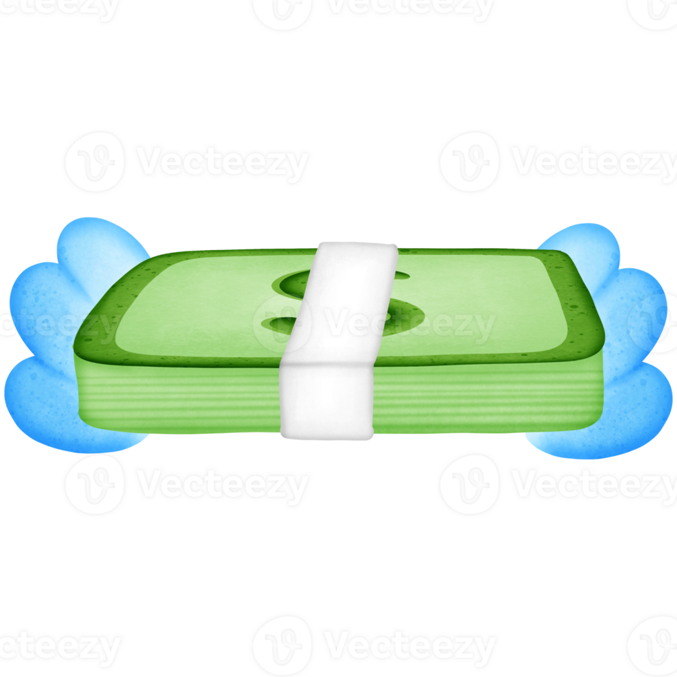 Green stack of dollars money wrapped in paper and symbol with wing isolated on transparent background png