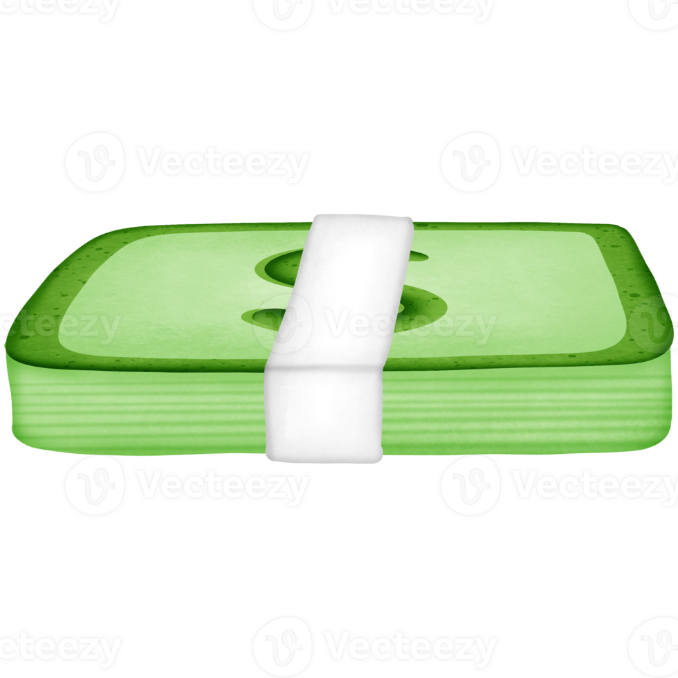 Green stack of dollars money wrapped in paper and symbol isolated on transparent background png