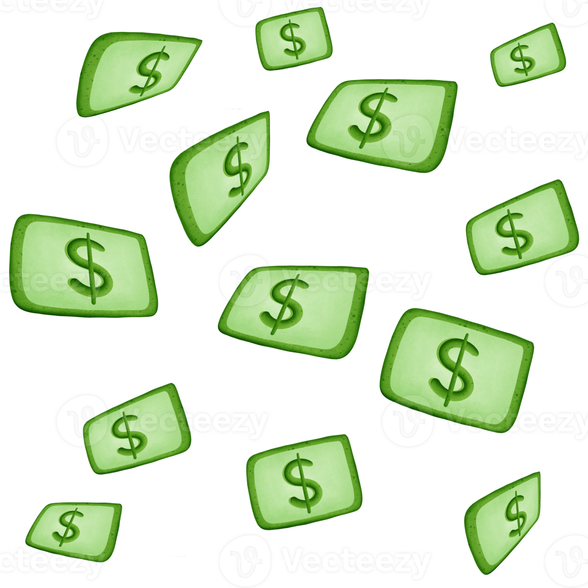 Green dollar money drop and symbol isolated on transparent background