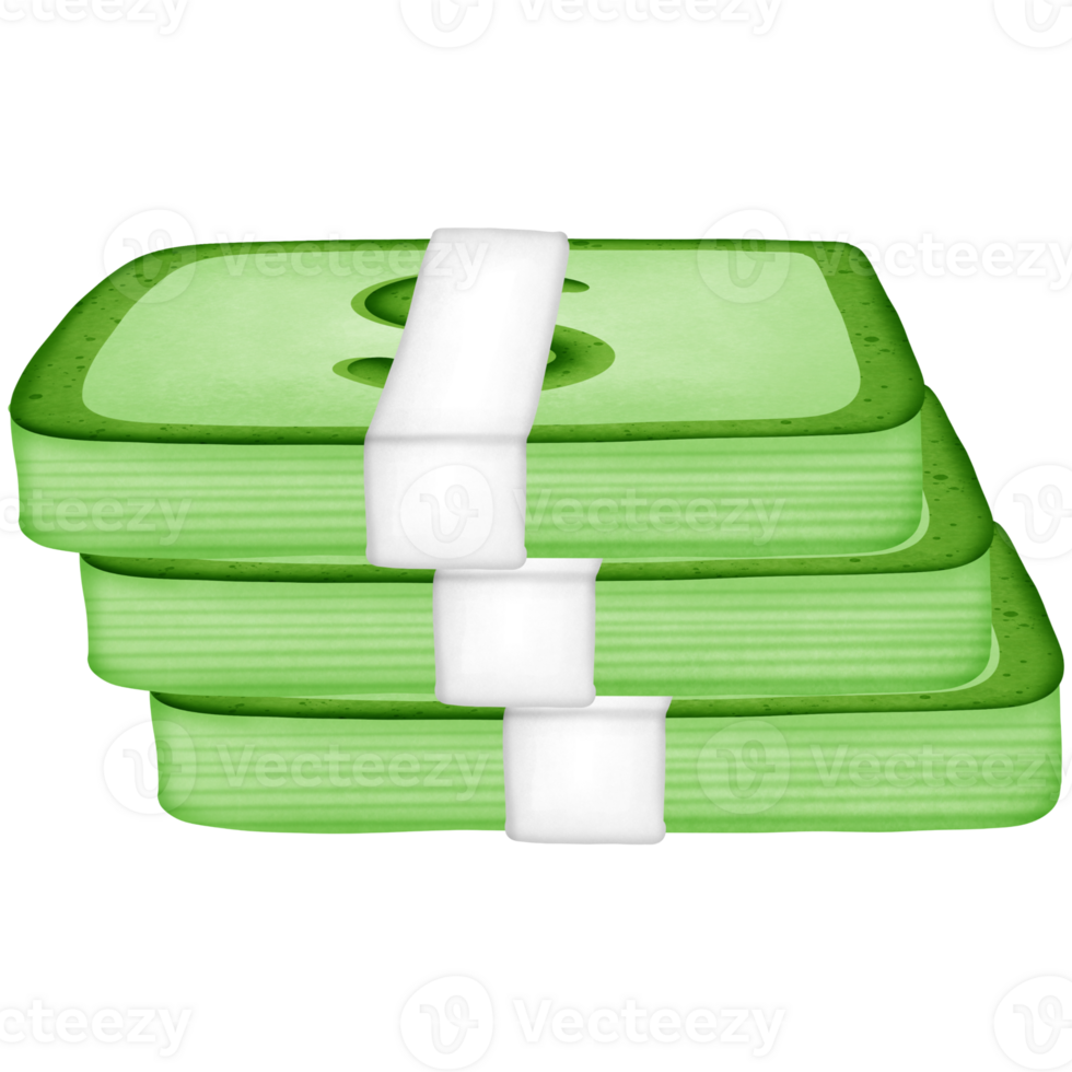 Green stack of dollars money wrapped in paper and symbol isolated on transparent background png