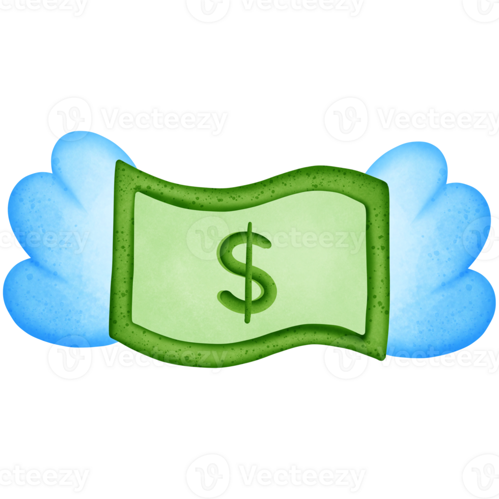 Green dollar money and symbol with wing isolated on transparent background png