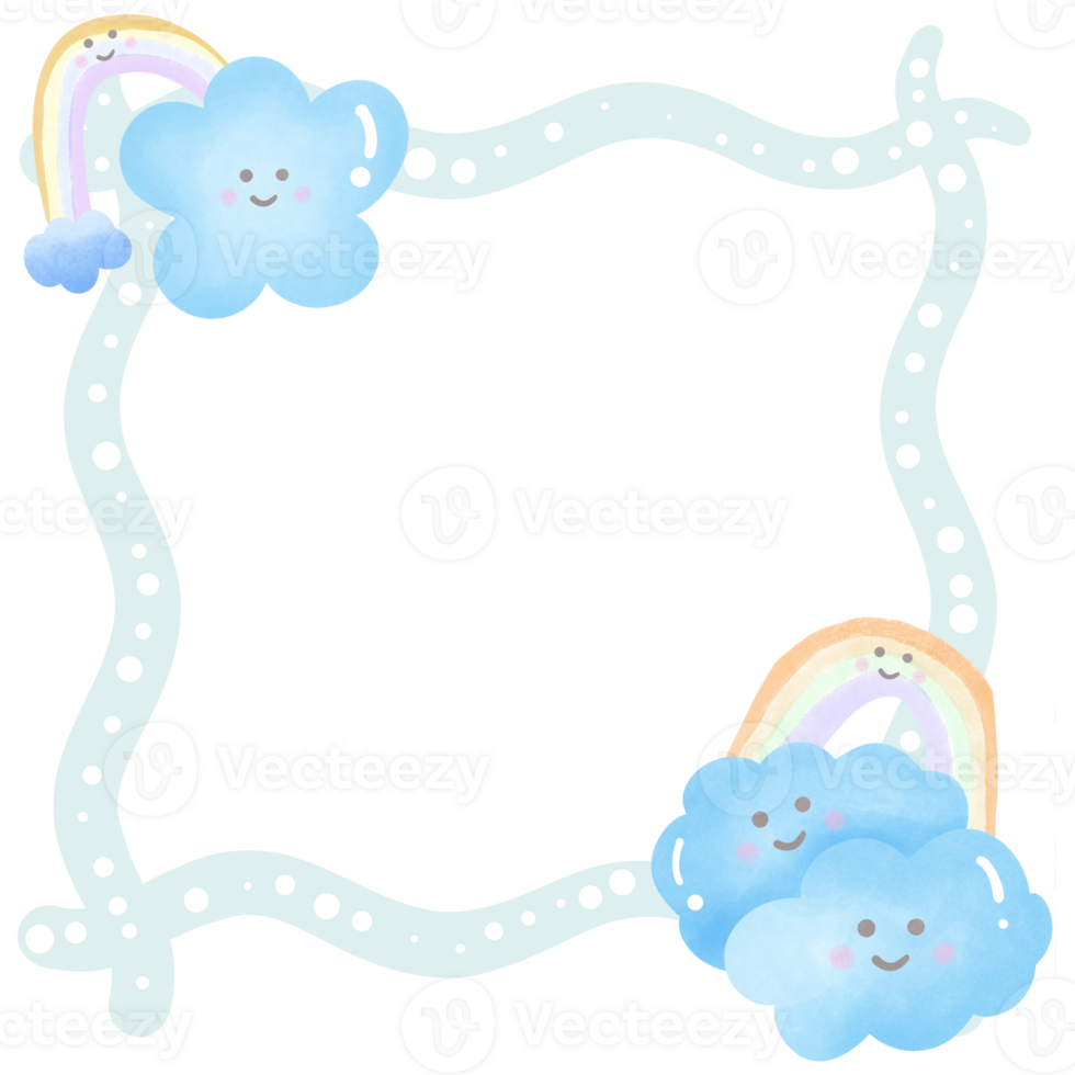 Pastel picture frame with clouds and rainbow isolated on transparent background png