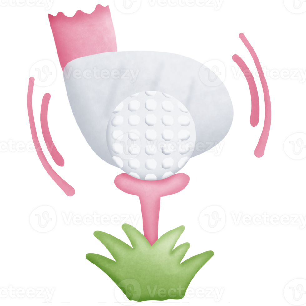 A golf ball is placed on a cone against the grass and a golf club is hitting it isolated on transparent background png