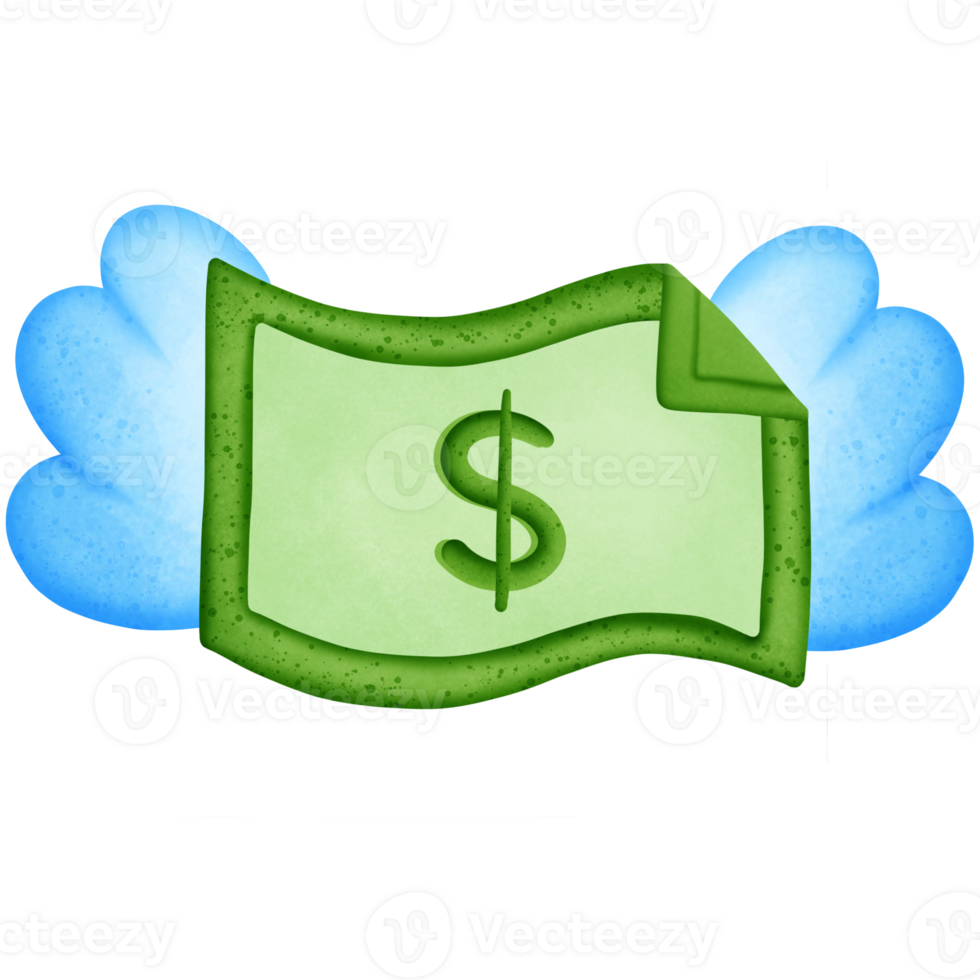 Green dollar money and symbol with wing isolated on transparent background png