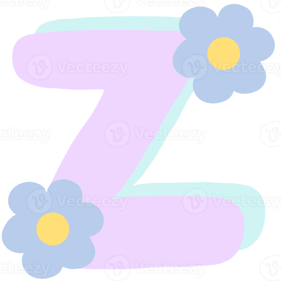 Purple english alphabet Z decorated with blue and yellow flowers isolated on transparent background png