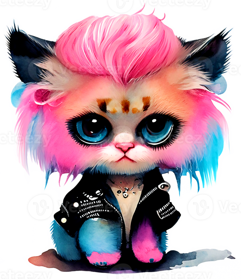 Moody Punk Kitten Watercolor AI Generative png