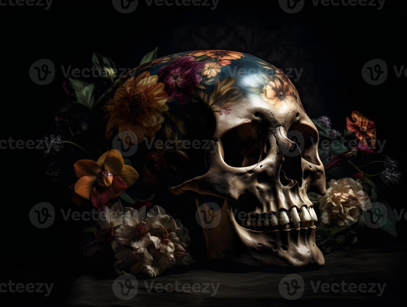 diseñador flor impreso calaveras para Víspera de Todos los Santos festival ai generativo foto