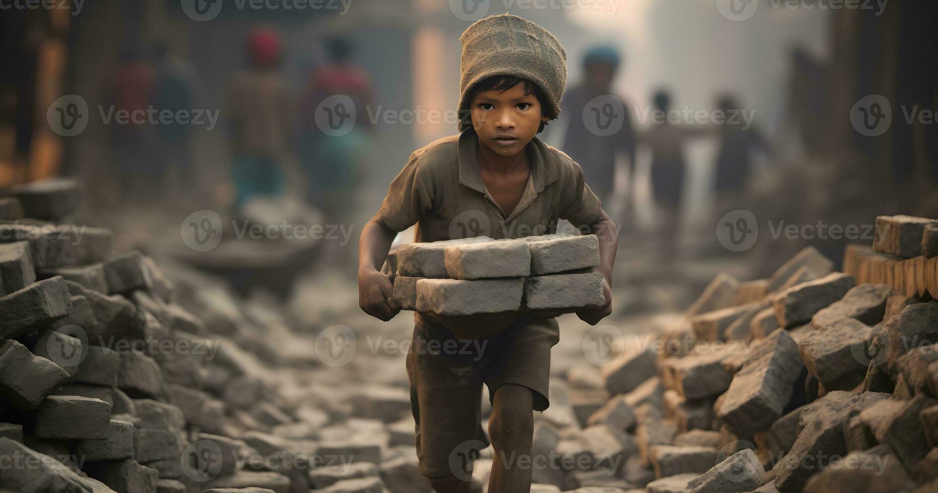 A underage Child is working on harsh condition world  day against child labor ai generative photo