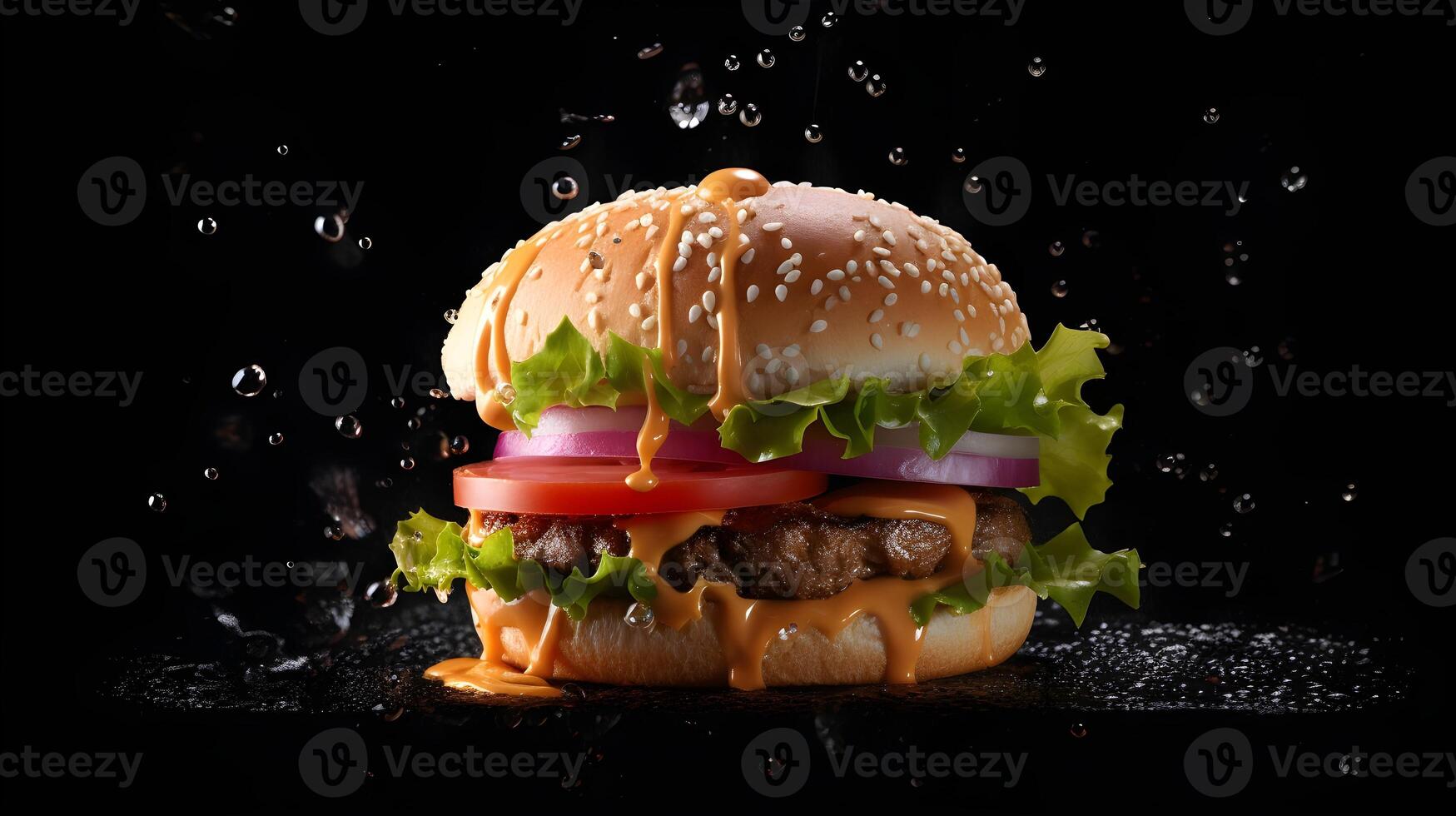 a hamburger with cheese, lettuce and tomato on a black background photo